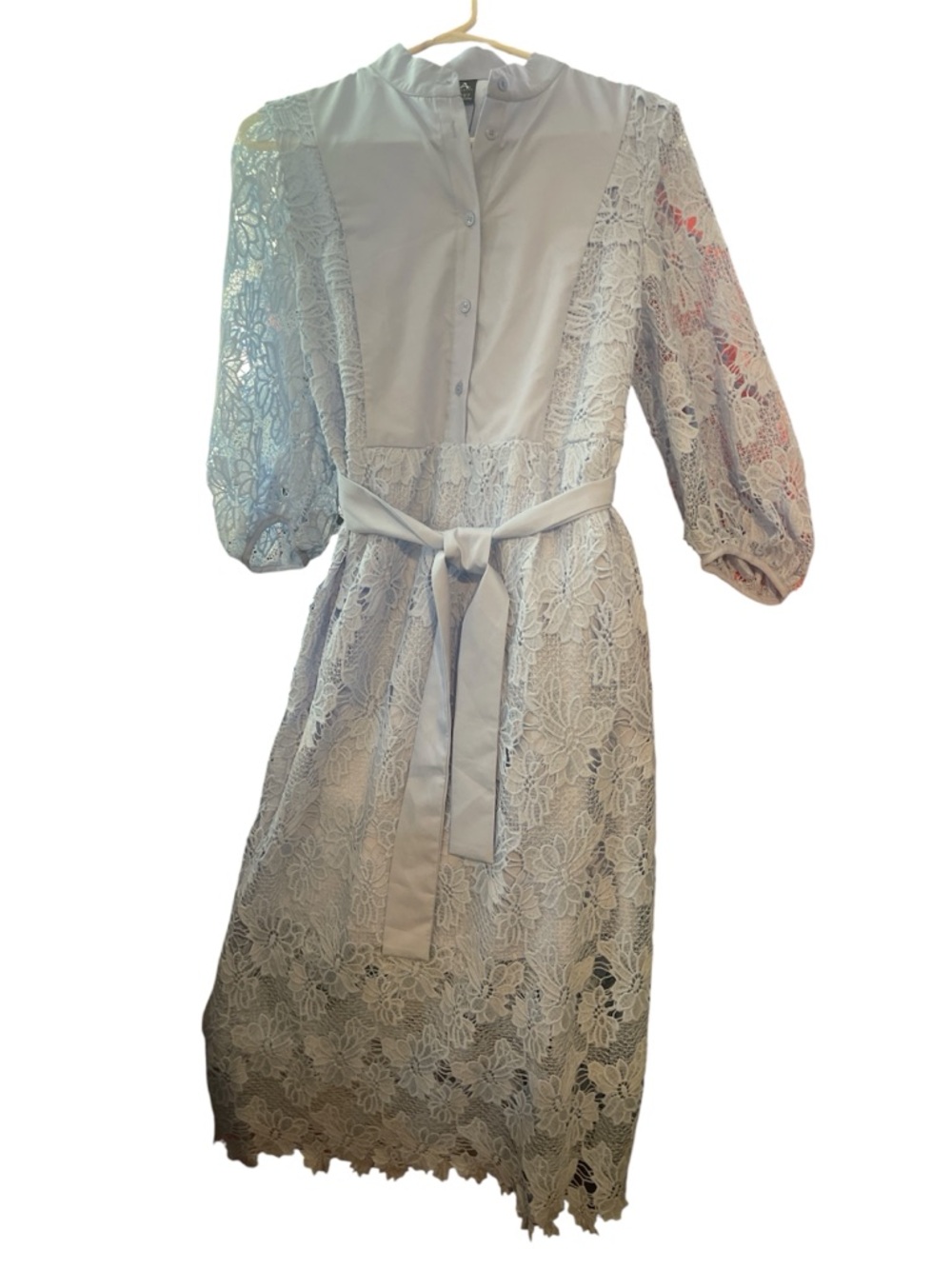 Floral Lace Midi Dress with Tie Belt - Blue